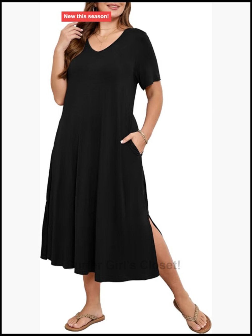 Plus Size Casual Midi T-Shirt Dress V-Neck Short Sleeve Side Split Pockets